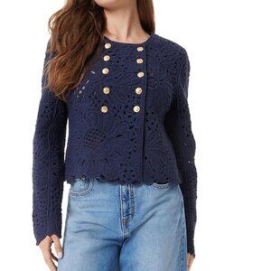 Sam Edelman Fiona WMNs Double Breasted Crochet Collarless Navy Blazer Size L NWT